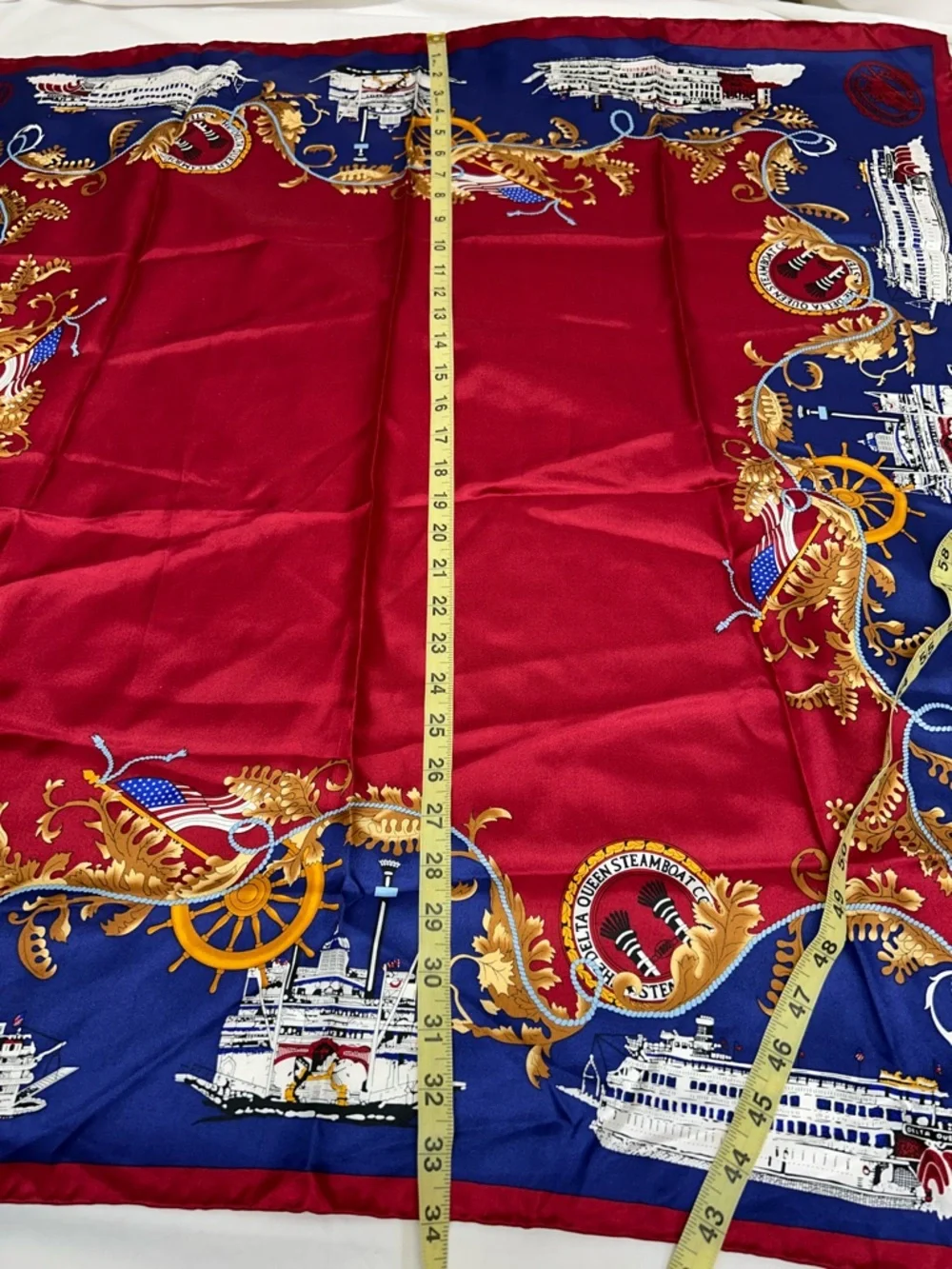 Vintage The Delta Queen Steamboat Co Red and Navy Silk Decorative Souvenir Scarf - Picture 7 of 8